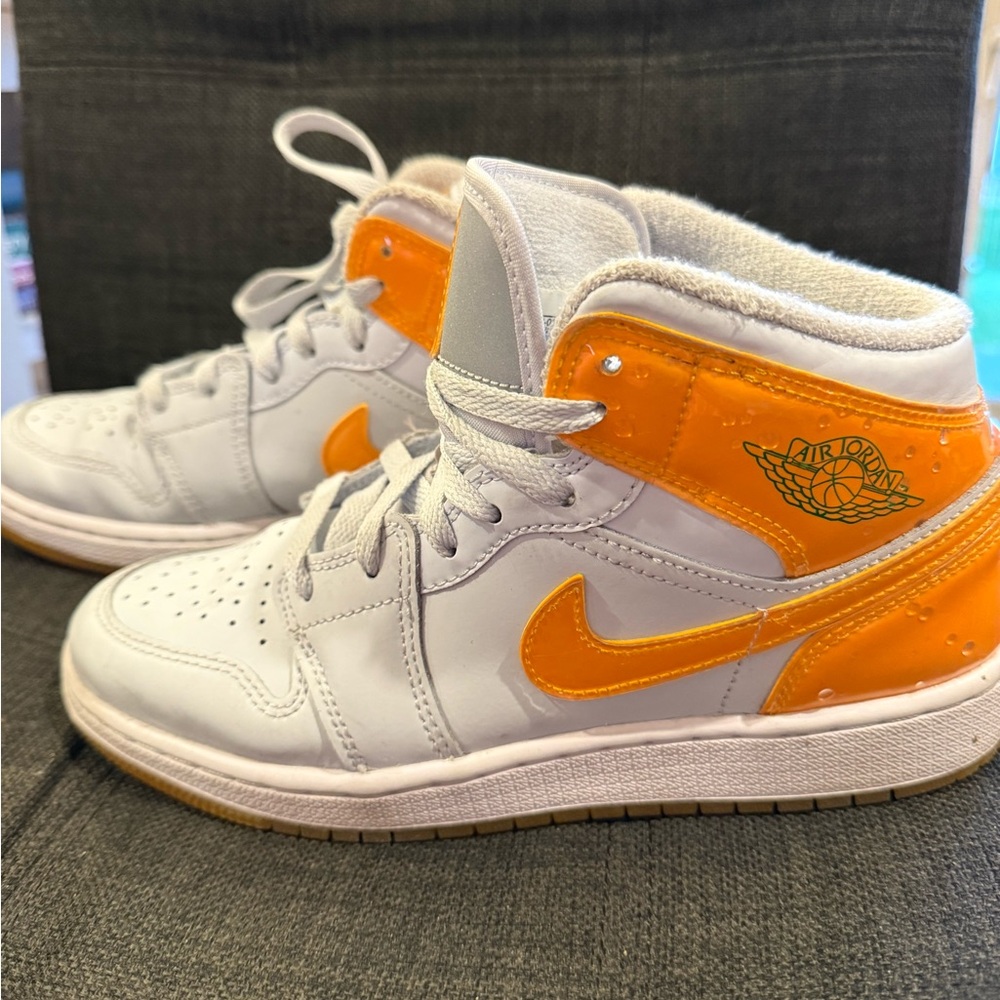 Nike Air Jordan Mid Kids' Sneakers in White and Orange- fun water droplet effect